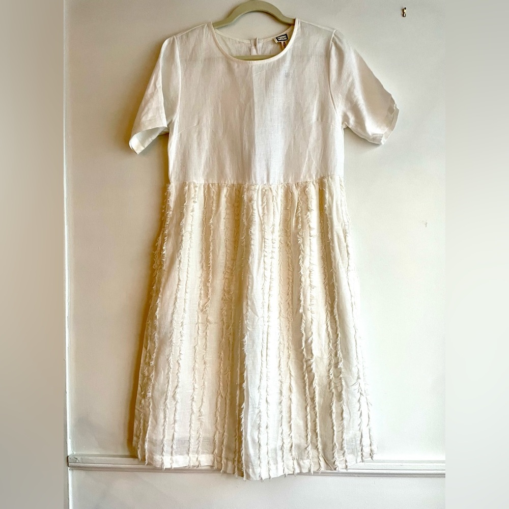 White linen midi dress with feather details